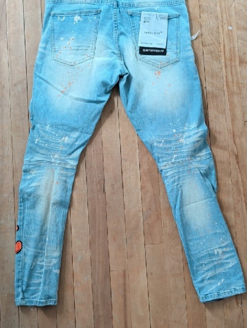 Smoke Rise NY Distressed Light Wash Jeans with Star & Graphic Patches 34 x 32 - Picture 8 of 10